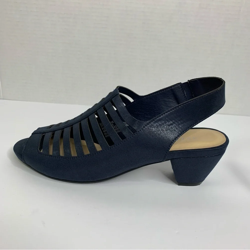 Sugarfoot New Navy Cut Out Open Toe Slingback 2” heeled Career Sandals Size 8.5